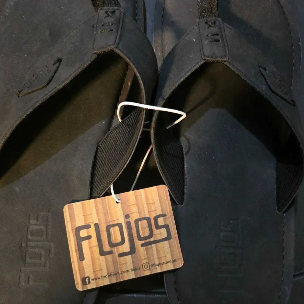 Flojos Mens‎ Black Flip Flops Size 10 Rubber & Faux Leather Casual Footwear